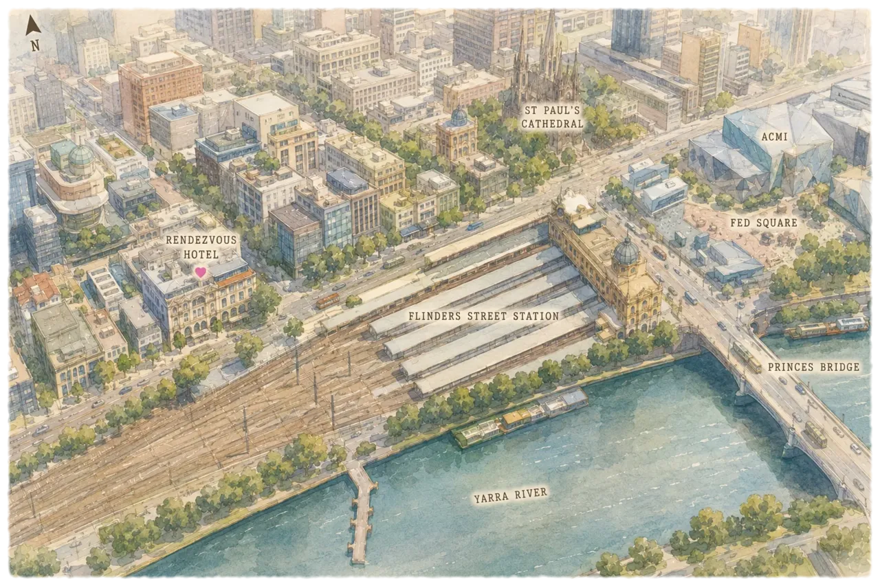 Watercolour aerial illustration of the hotel's corner of Melbourne: the hotel on the north side of Flinders Street, Flinders Street Station and its platforms opposite, the Yarra River along the bottom, and St Paul's Cathedral, ACMI, Federation Square and Princes Bridge to the east. 手绘水彩俯瞰图：酒店在 Flinders Street 北侧，对面是弗林德斯街火车站与站台，南面是亚拉河，东侧为圣保罗座堂、ACMI、联邦广场与王子桥。